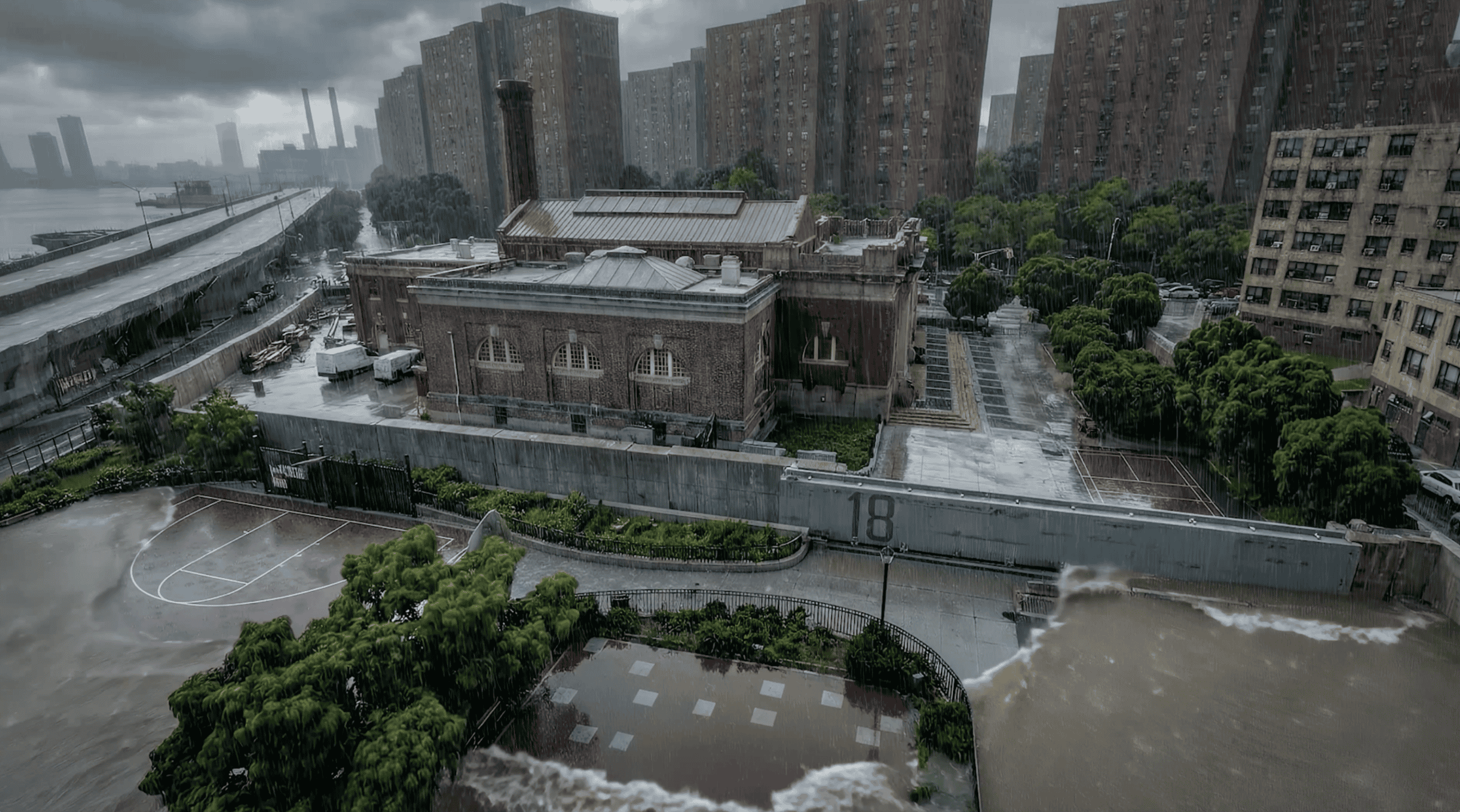 A flooded urban area with rising water surrounding a brick building and nearby basketball courts, highlighting resilient architecture against the backdrop of tall apartment buildings under a cloudy sky.
