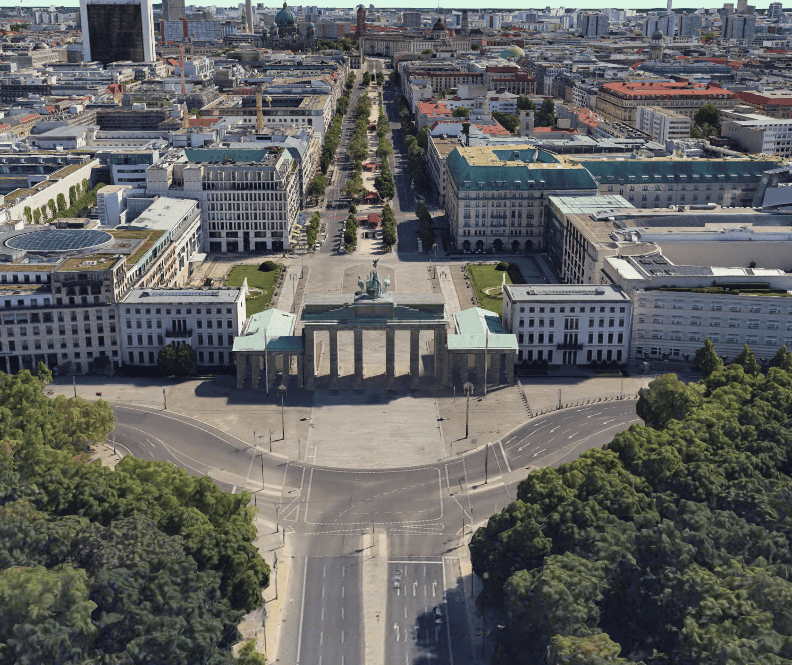 Aerial view of the Brandenburg Gate in Berlin, Germany, with surrounding buildings, streets, and trees visible—perfect for a 3D tour during the Bentley Tech Summit.