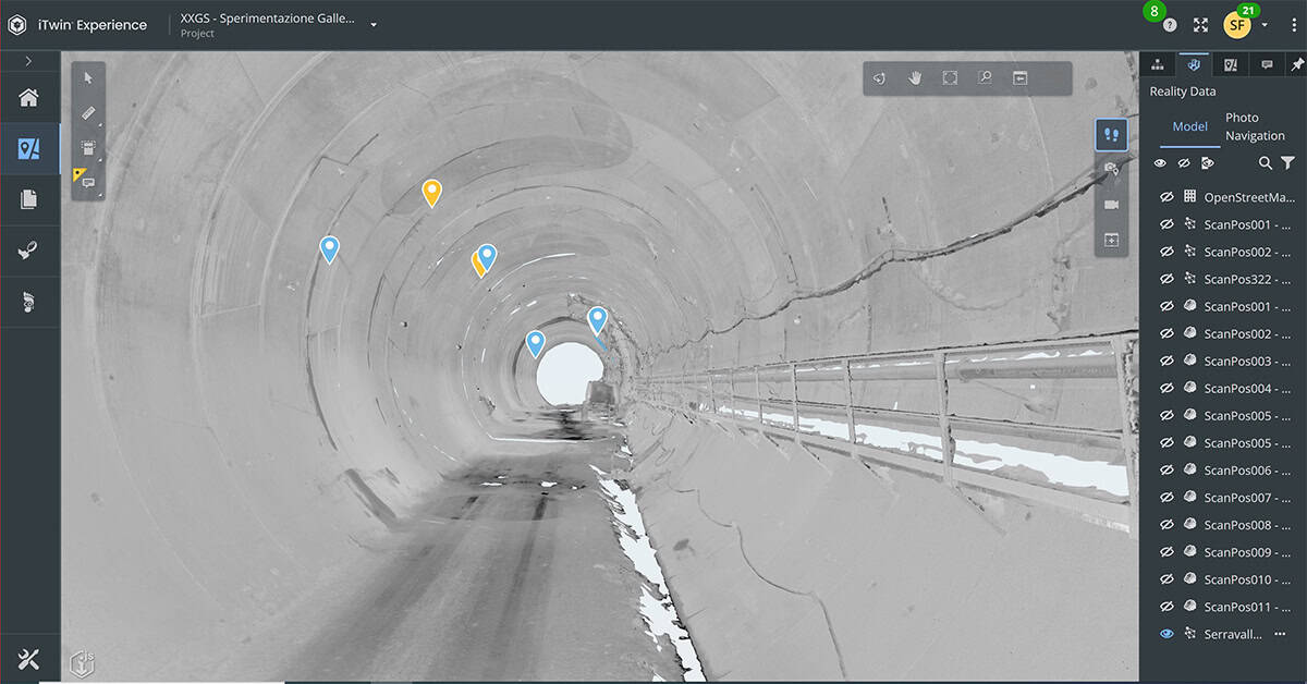 A 3D digital model of a tunnel interior is displayed on screen, with colored location markers and a sidebar listing scan data files on the right, ideal for integration with Leapfrog or PLAXIS for advanced geotechnical analysis.