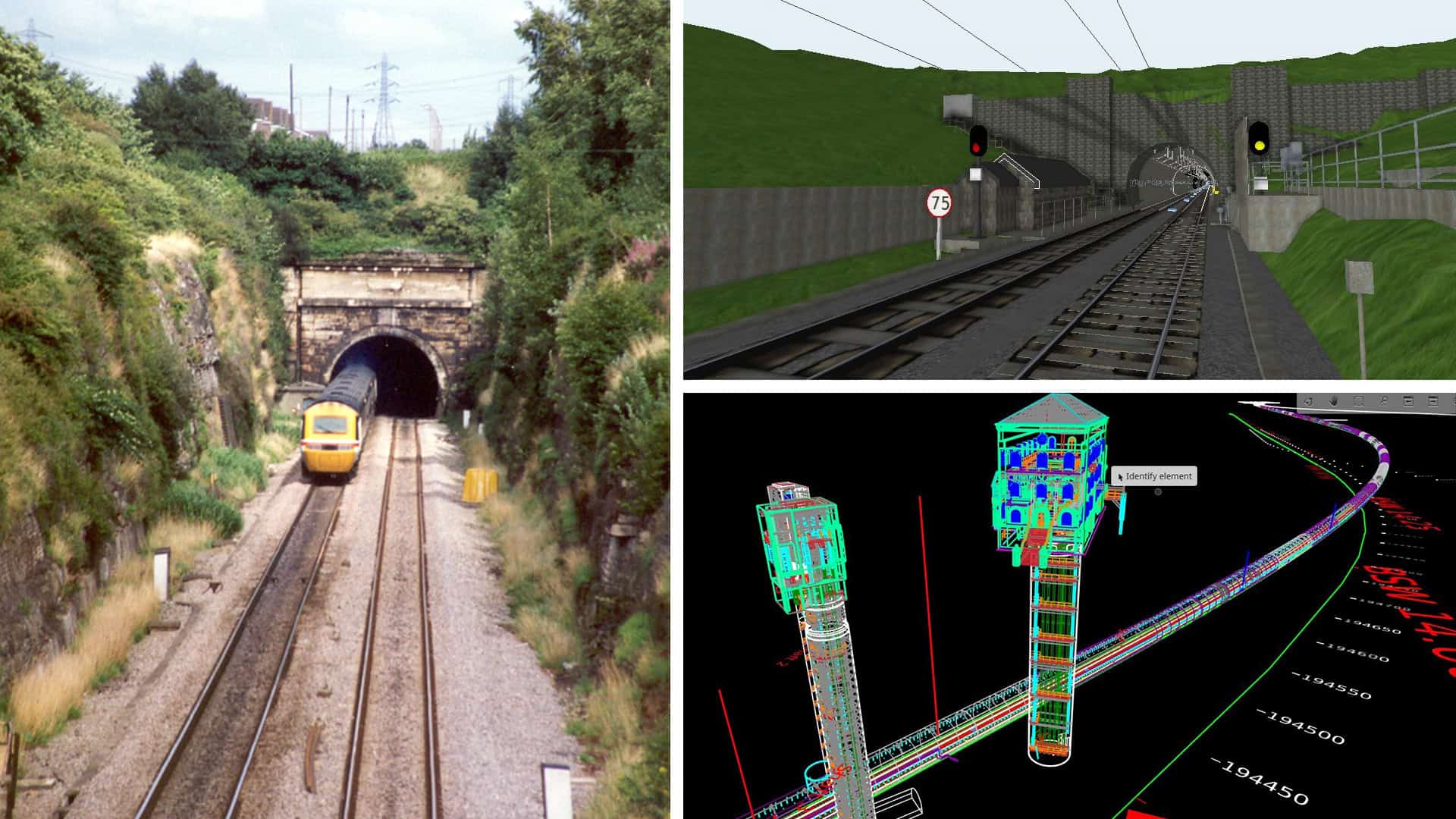 Three images: a train exits a tunnel in a rural area, a digital simulation of a train tunnel, and a 3D model of rail infrastructure.