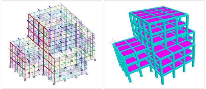 Two views of a 3D building model: one showing a wireframe with structural load details on the left, and the other showing a simplified rendering with turquoise and pink elements on the right.