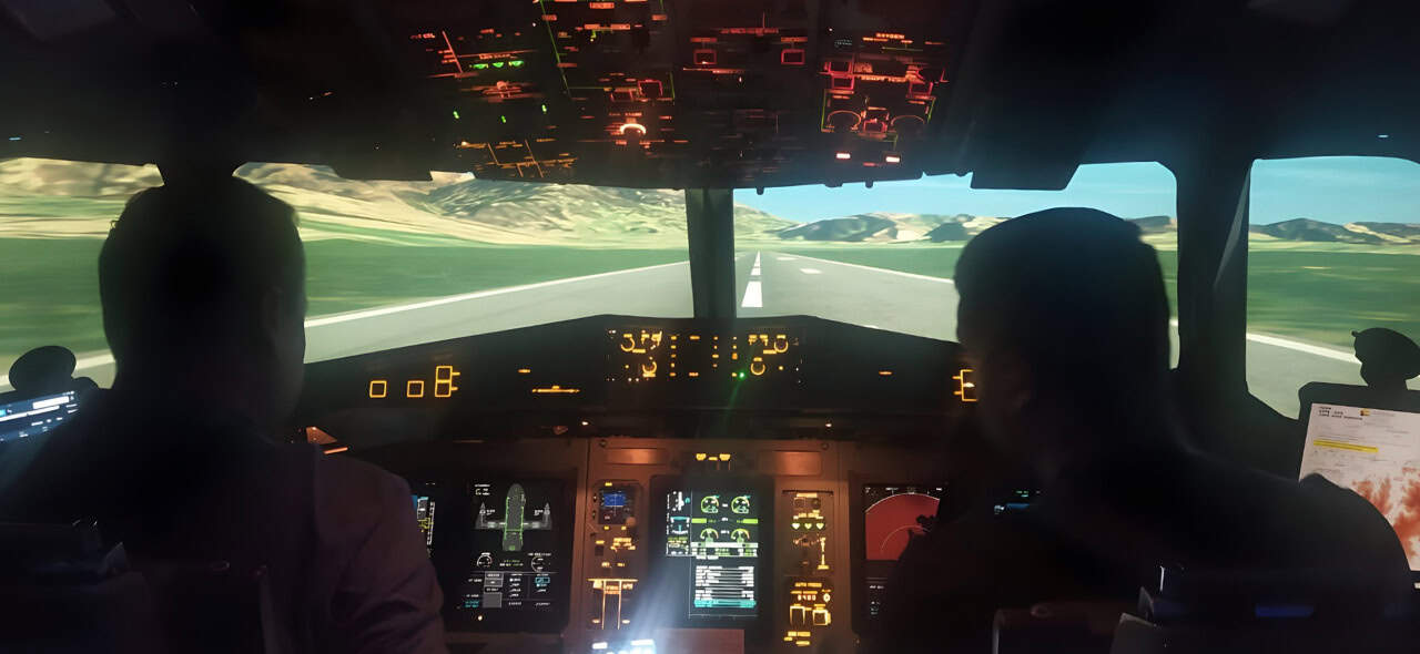Two pilots sit in a commercial airplane cockpit, preparing for takeoff on a runway in Colombia, with illuminated control panels and an outside view of mountains and grass—bridging connectivity to isolated towns.