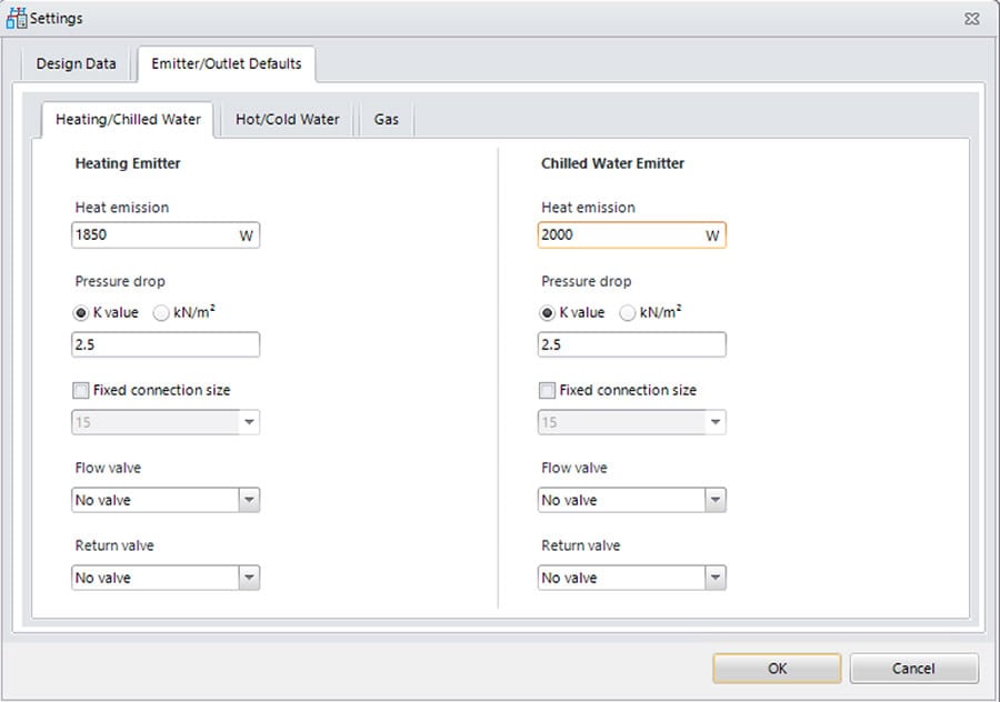 Settings window showing Heating/Chilled Water configuration with heat emission, pressure drop, and valve options to enhance efficiency and optimize piping design for both heating and chilled water emitters.