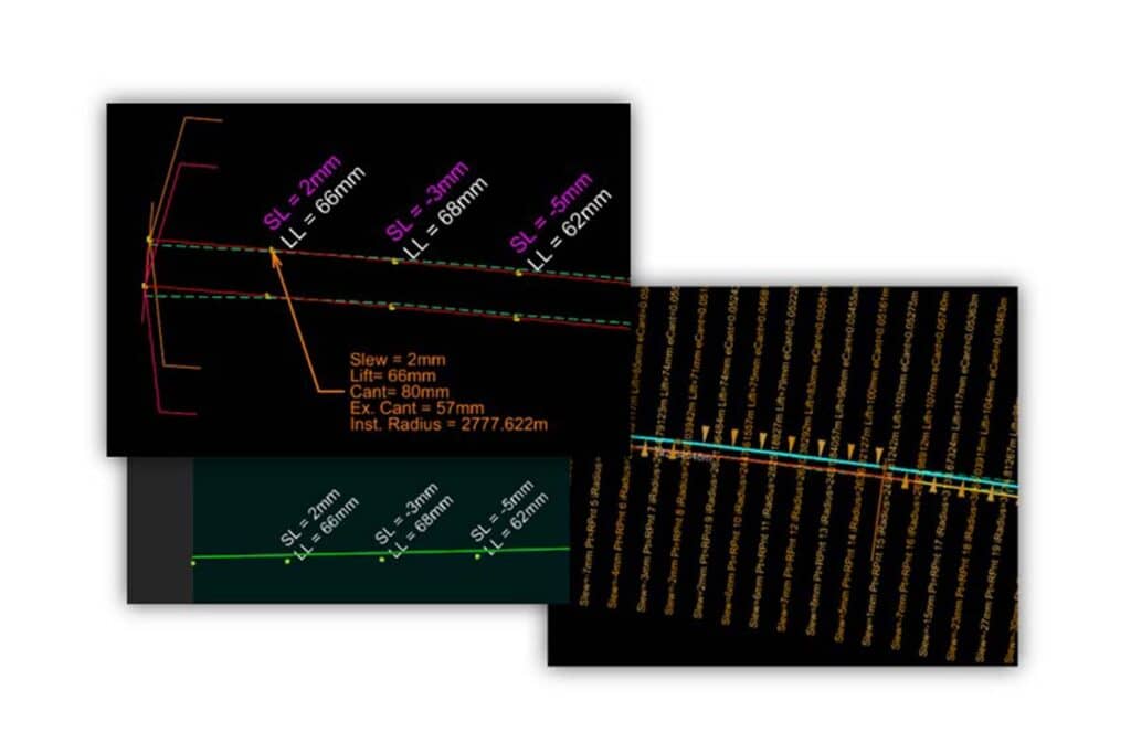 Screenshot of engineering diagrams displaying track alignment measurements, including slew, lift, cant, and radius, in colored text and lines on a black background.