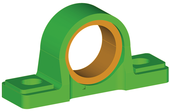 Solid model of cast iron pillow block housing (green) and press-fit steel bearing race (orange)