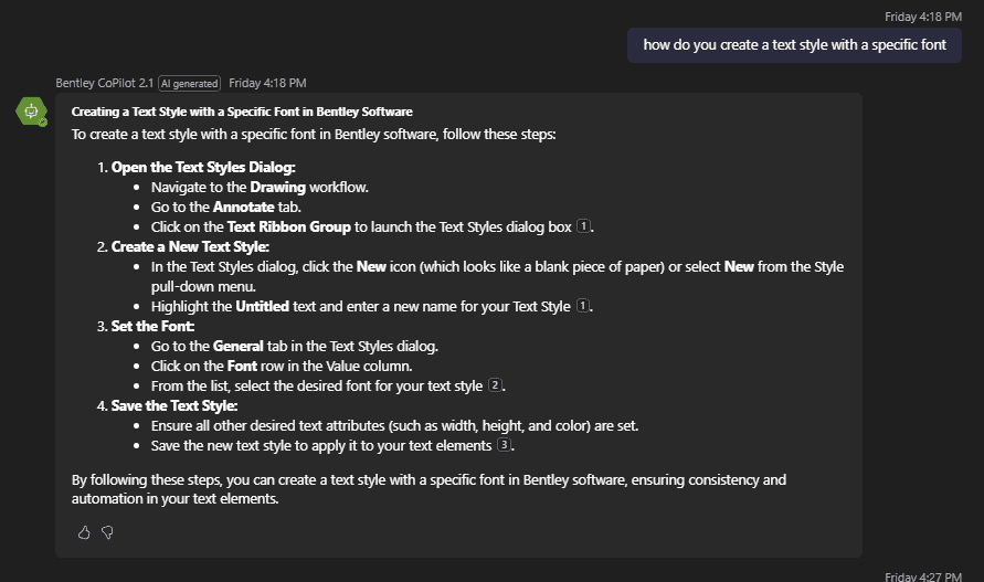 Screenshot of a chat showing step-by-step instructions for engineers on creating a text style with a specific font in Bentley software, including opening dialog boxes and adjusting settings—an essential skill for software learning and AI job automation.