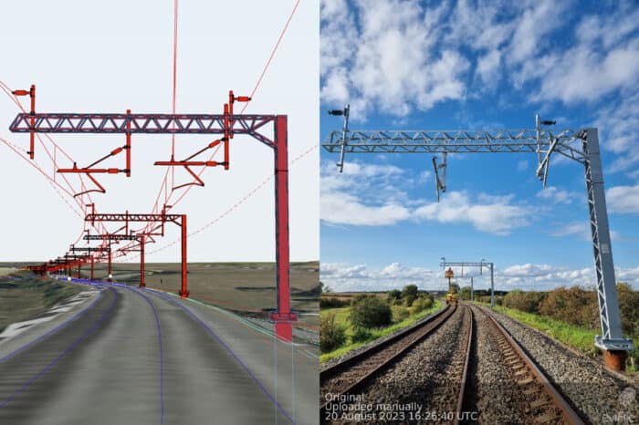 Split image showing a digital model of a railway line on the left and the actual railway line with overhead structures in a rural setting on the right.