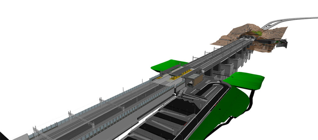 3D rendering of a railway station with elevated tracks, platforms, a tunnel entrance, and nearby terrain features, including hills and green-covered structures—part of an Italferr Landmark Railway Project.