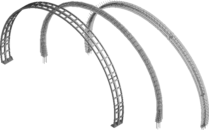 Three grayscale 3D models of arched steel structures are shown, each at a different stage of structural detail, from basic framework to fully detailed assembly.