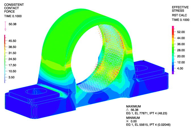 Stress distribution and contact forces within the cast iron pillow block housing after the bearing is press-fit in place