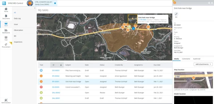 SYNCHRO Control's full project dashboard and map views