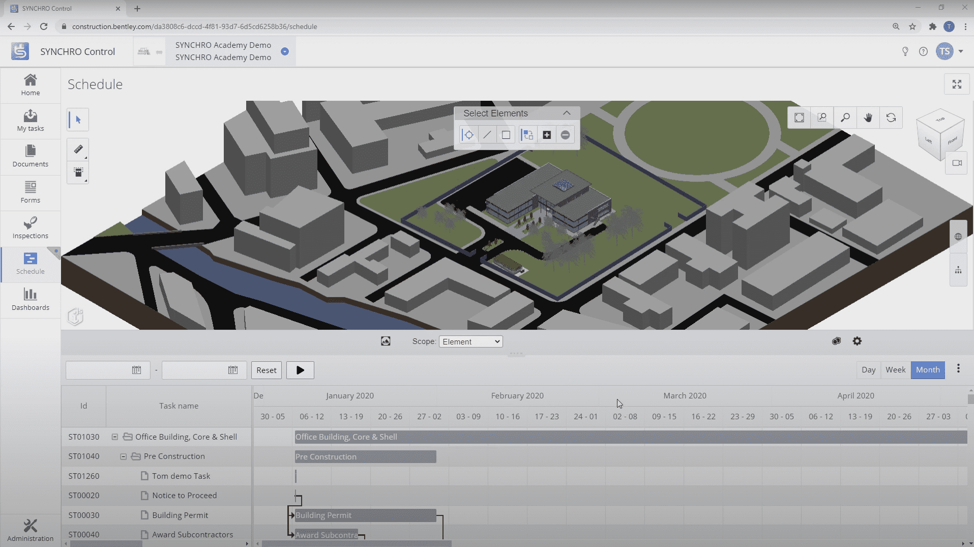 A screenshot of a construction project management software interface showing a 3d model of a building and a scheduling timeline.