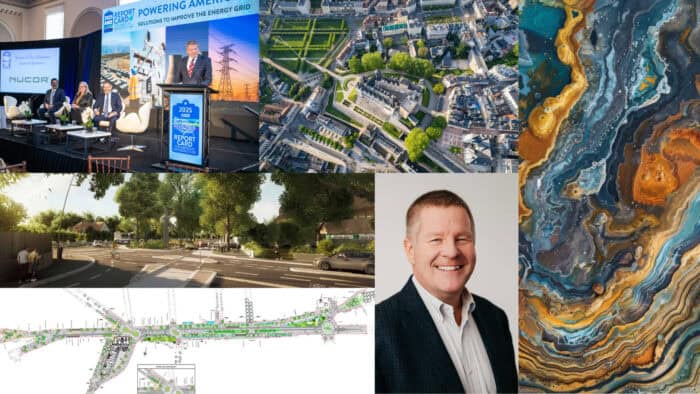 A collage featuring an energy conference, aerial city views, infrastructure plans, an abstract pattern, a street rendering, and a portrait of a smiling man in a suit.