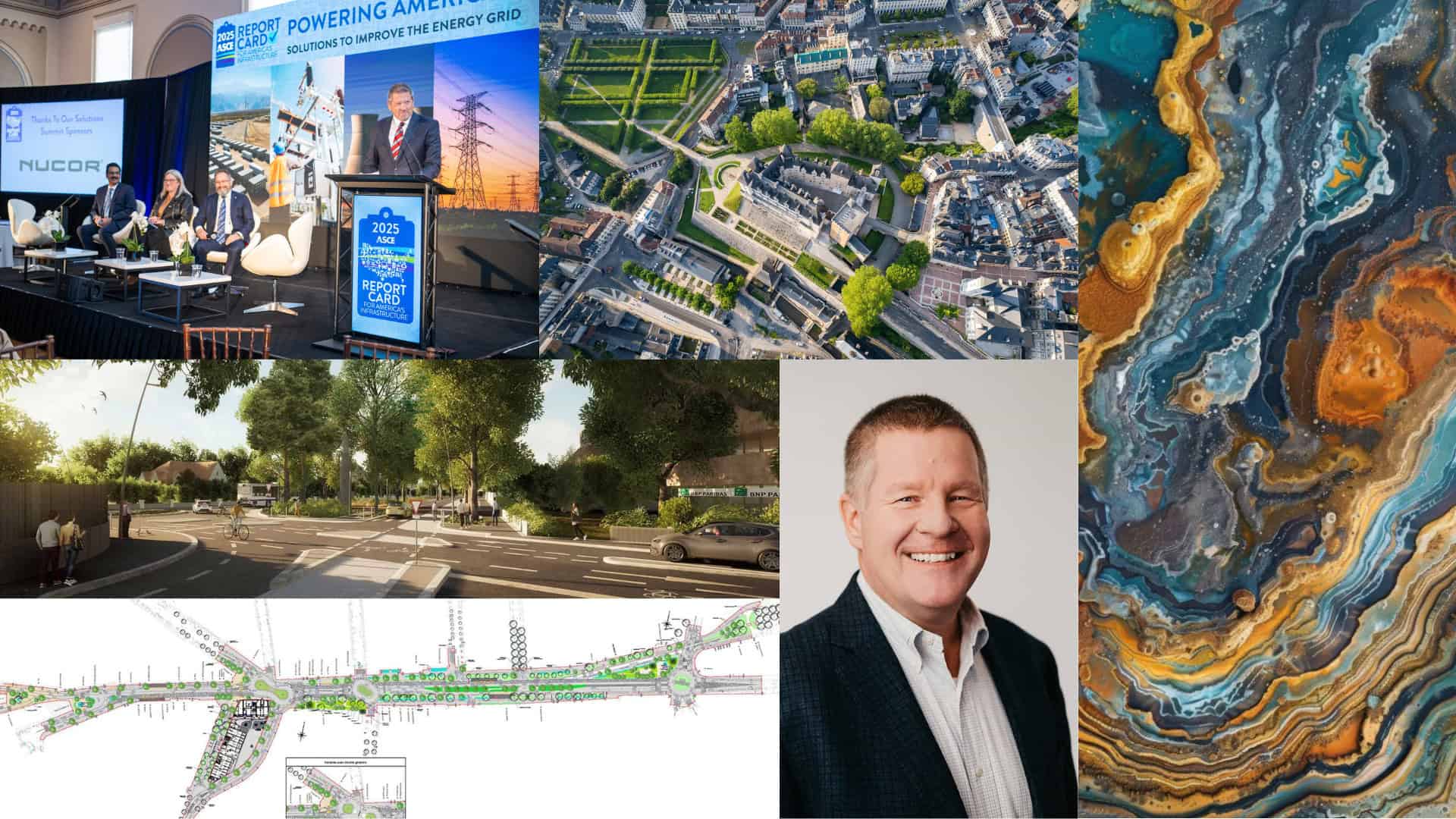A collage featuring an energy conference, aerial city views, infrastructure plans, an abstract pattern, a street rendering, and a portrait of a smiling man in a suit.