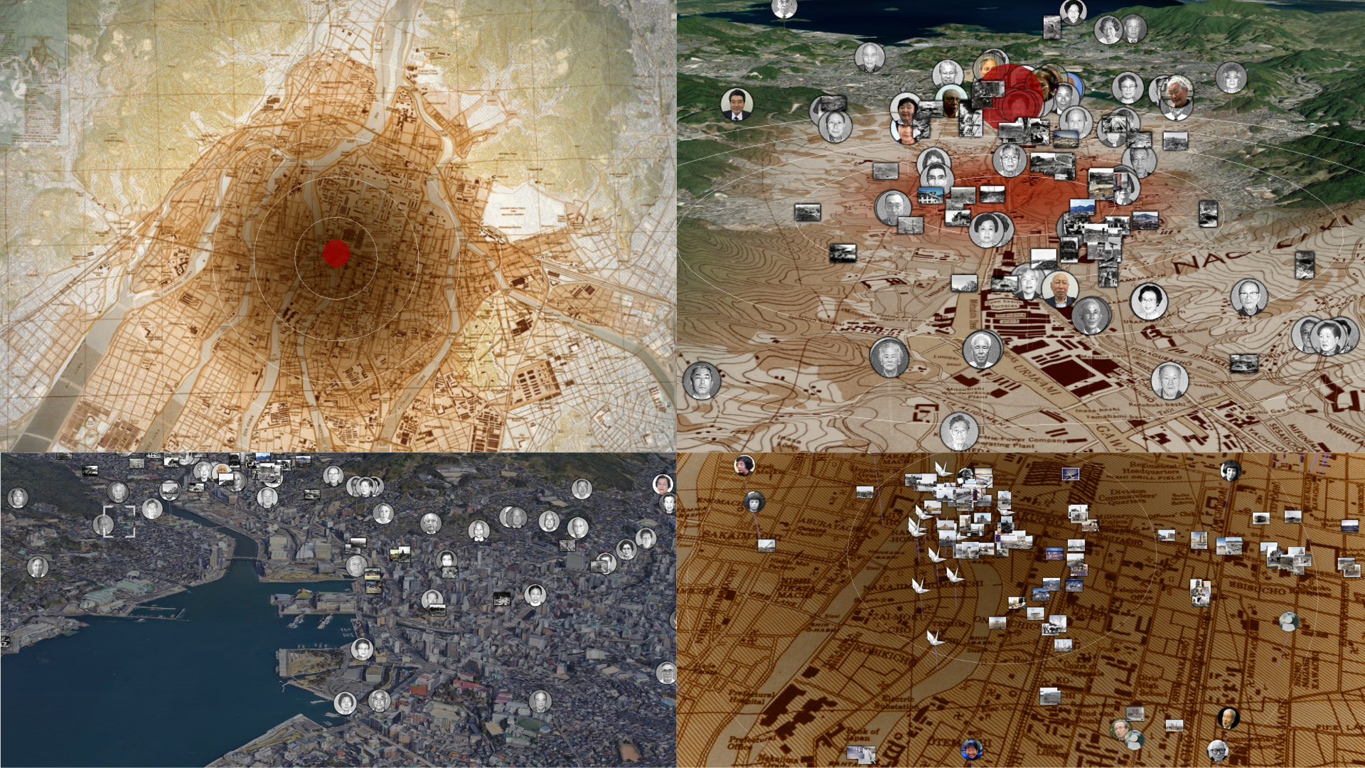 A collage of four different maps, each marked with various icons and photos, capturing locations and individuals across urban areas