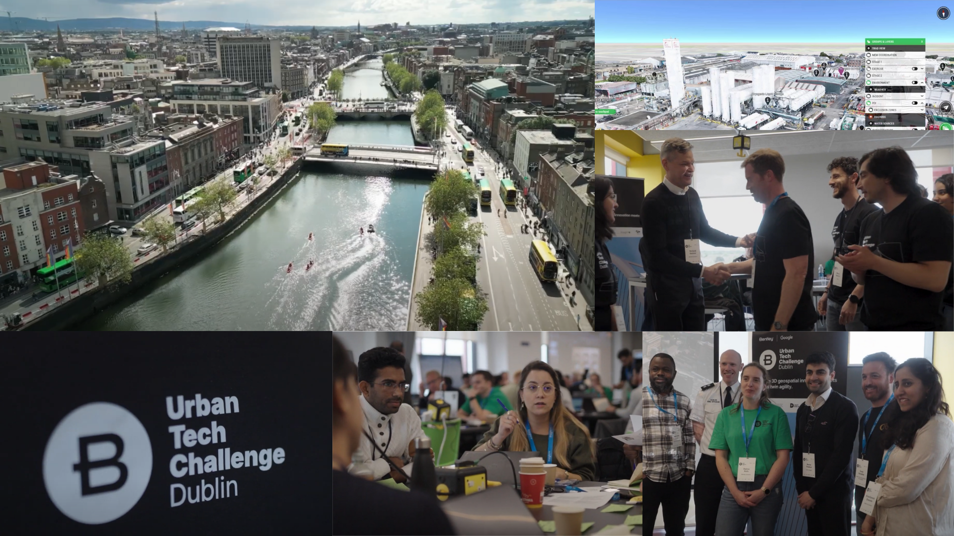 Collage of Urban Tech Challenge Dublin featuring aerial city views, people collaborating in AI and engineering workshops, open data initiatives, and the event logo.