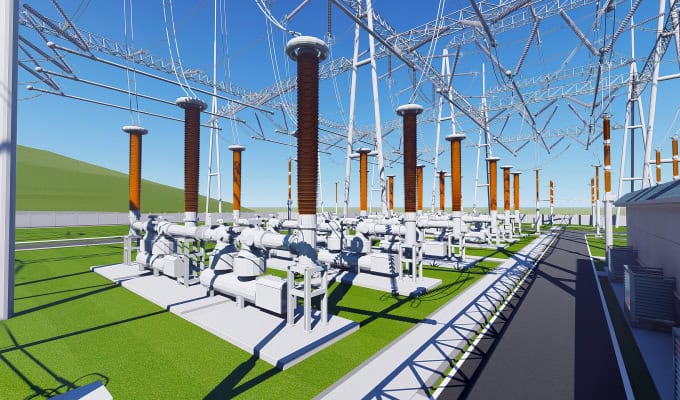 A modern electrical substation, showcasing grid innovation with high-voltage equipment, transformers, and power lines under a clear blue sky.