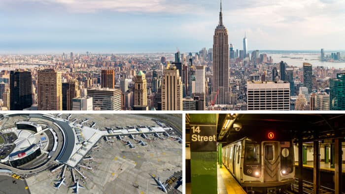 Aerial view of New York City skyline above, with images of an airport terminal and a subway train at 14th Street station below.