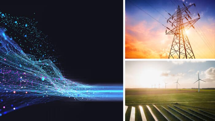 A split image shows digital data streams on the left, and on the right, an electricity pylon at sunset above and wind turbines in a green field below.