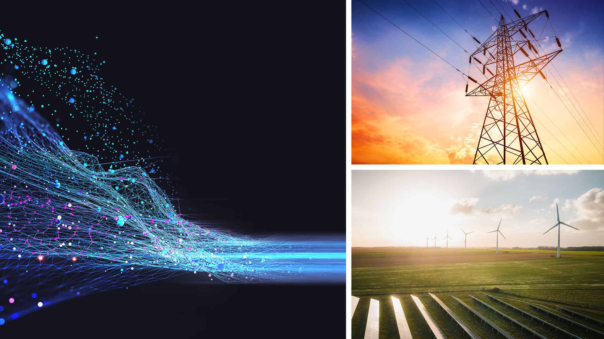 A split image shows digital data streams on the left, and on the right, an electricity pylon at sunset above and wind turbines in a green field below.