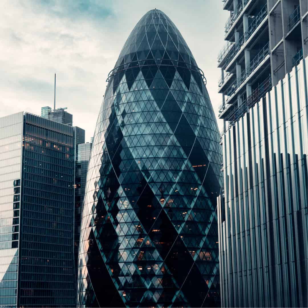 The Gherkin, one of London's most iconic skyscrapers. Officially named 30 St Mary Axe.