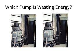 Two identical industrial pumps are shown side by side indoors at a water pump station, with the question "Which Pump Is Wasting Energy?" written above them for a discussion on efficiency curves.