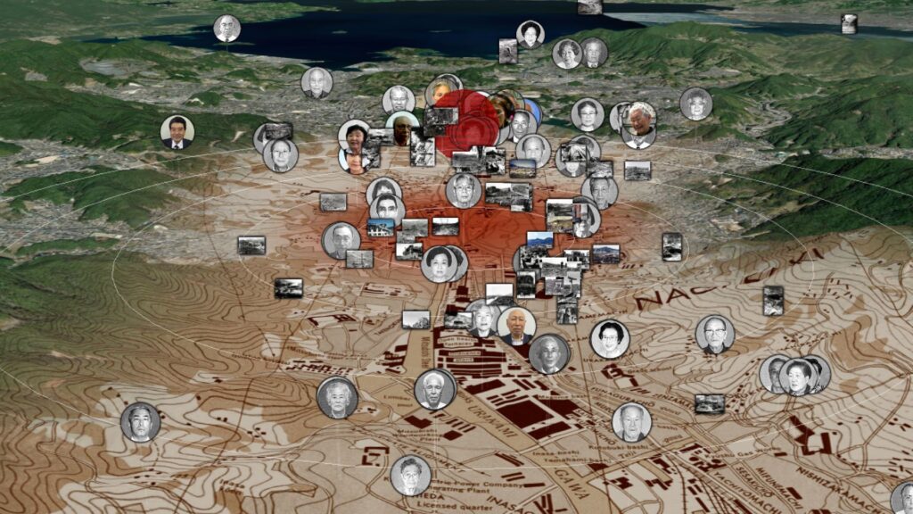 A 3D map with grayscale portrait photos indicates various locations across a city, overlaying topographic and street details, with some portraits highlighted in color.