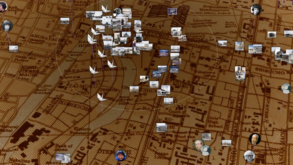 Collaged photos and portraits are arranged over a vintage city map background, with white origami cranes clustered near the center.