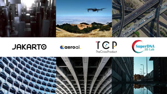 A collage showing cityscapes, a drone in flight capturing drone scans, highways, and logos for Jakarto, aeroai, The Cross Product, and SuperDNA 3D Lab highlights advances in 3D tech and digital twins.