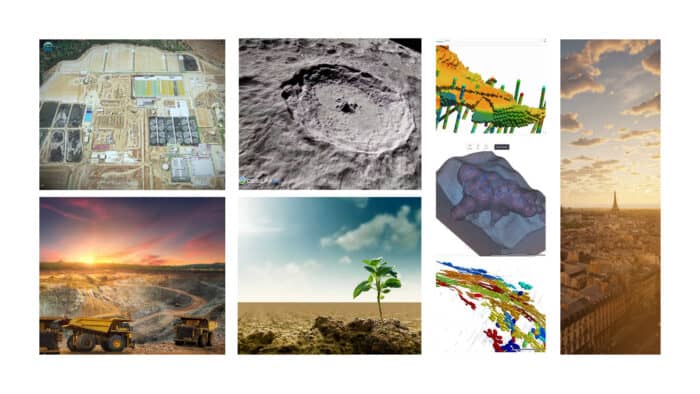 A collage showing mining and geological sites, digital terrain and subsurface models, a plant sprout in dry soil, and city infrastructure with the Eiffel Tower at sunset—capturing game-changing insights and eureka moments in earth sciences.