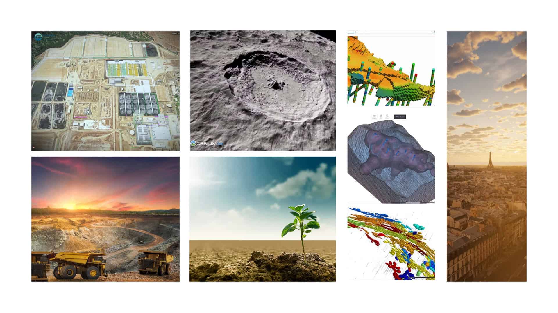 A collage showing mining and geological sites, digital terrain and subsurface models, a plant sprout in dry soil, and city infrastructure with the Eiffel Tower at sunset—capturing game-changing insights and eureka moments in earth sciences.