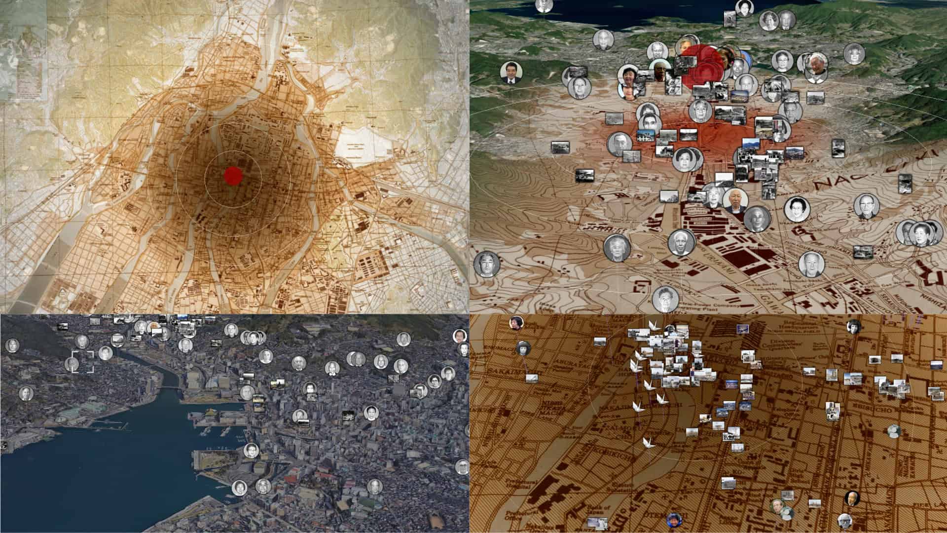 A collage of four detailed maps, each with clustered icons and photographs, inspired by a Japanese professor’s research on memory and enriched with 3D technology, depicts urban areas and points of interest from different perspectives.