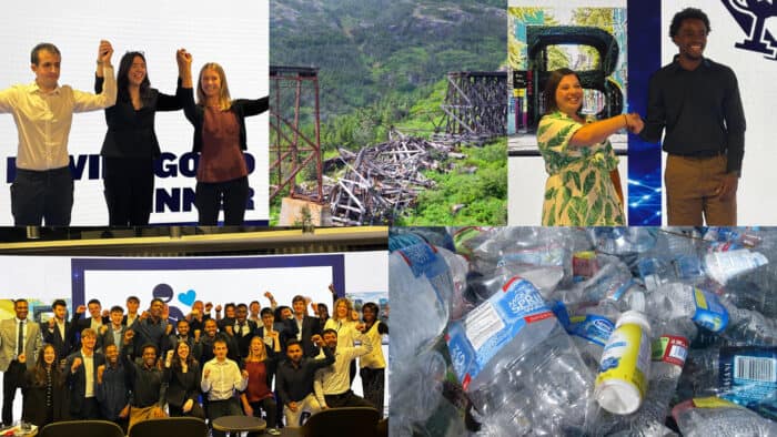 A collage shows people celebrating at events, a collapsed railway bridge in a forest, and a pile of used plastic bottles and containers, reflecting the challenges of the rubble economy in our modern global contest.