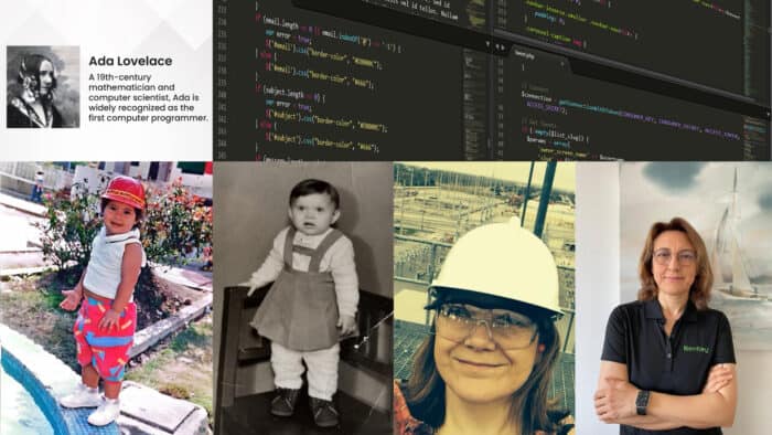 A collage featuring women in engineering: Ada Lovelace’s biography, code on screens, a girl by a pool, a toddler, a woman in a hard hat, and another in a black polo shirt with a ship painting behind her.