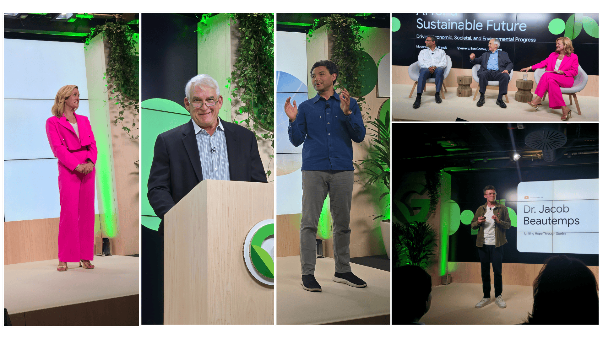A collage of five images shows speakers on stage at a sustainability-themed event, presenting and discussing AI for Earth initiatives and how technology can predict disasters, all under green and white lighting.