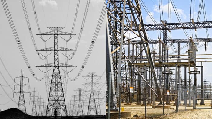 The image is split: the left side shows transmission towers with power lines in black and white, highlighting a bottleneck in U.S. infrastructure; the right side features a colorful electrical substation under a blue sky.