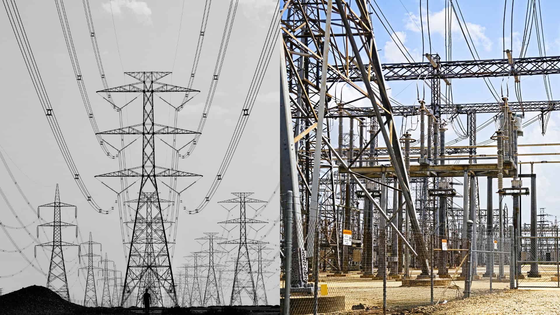 The image is split: the left side shows transmission towers with power lines in black and white, highlighting a bottleneck in U.S. infrastructure; the right side features a colorful electrical substation under a blue sky.