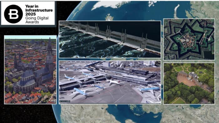 A composite image featuring 3D satellite and aerial views of infrastructure in the Netherlands, including an airport, dam, church, star fort by the sea, and estate, with a "Year in Infrastructure 2025" awards logo.