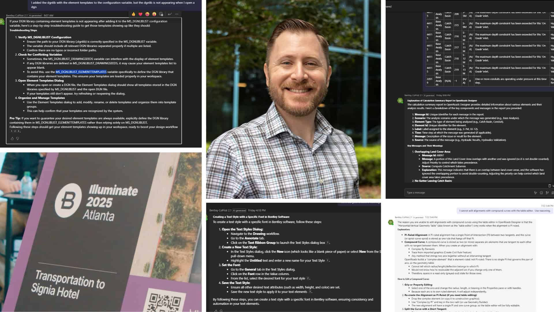 A collage featuring screenshots of software learning instructions, a smiling engineer outdoors, and a purple event sign reading "Illuminate 2025 Atlanta Transportation to Signia Hotel.