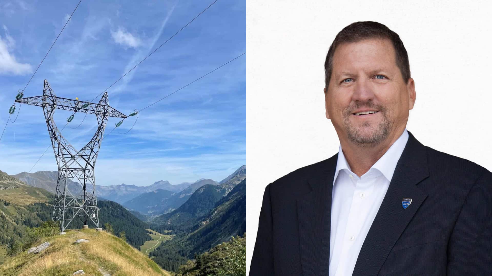 The image is split: left shows a power line tower in a mountainous landscape under a blue sky, symbolizing America's Power Grid; right shows a man in a suit smiling at the camera against a plain background.