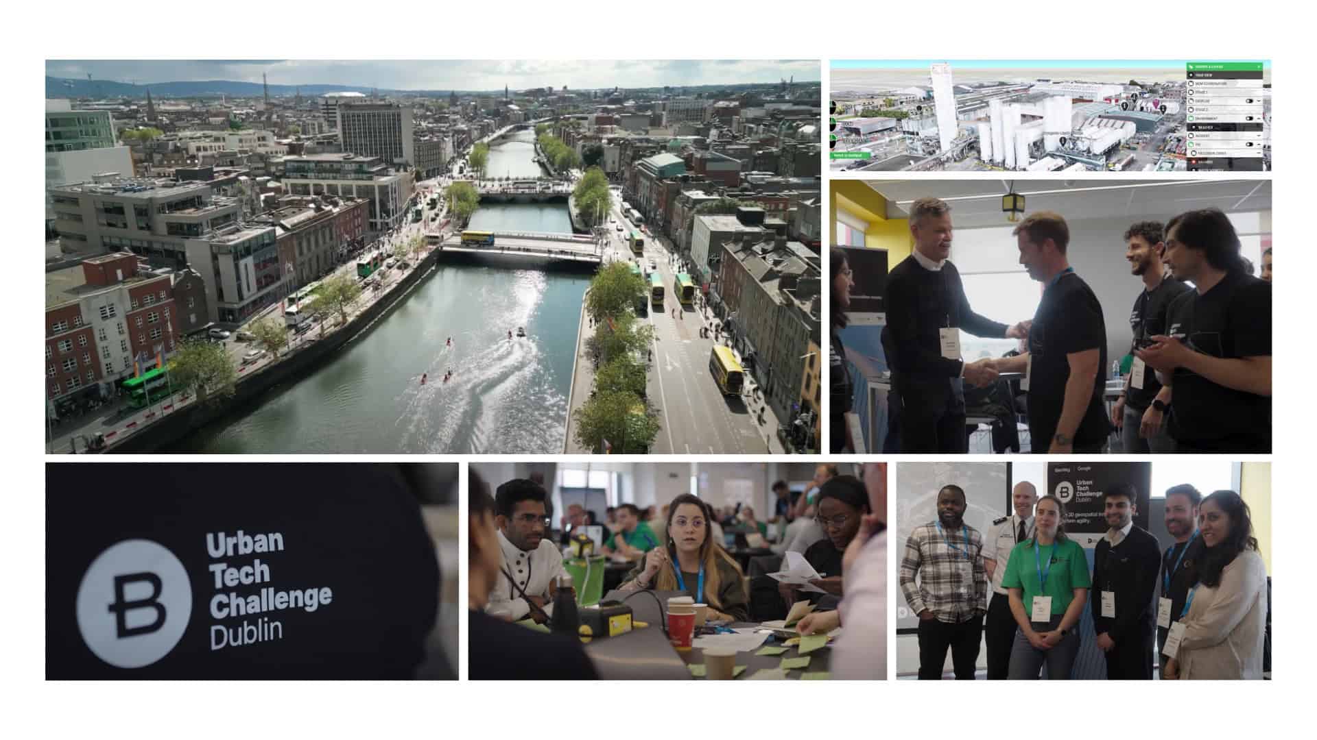 A collage with aerial views of Dublin, people collaborating indoors on engineering projects and AI solutions, and an Urban Tech Challenge Dublin logo depicted on a black background.