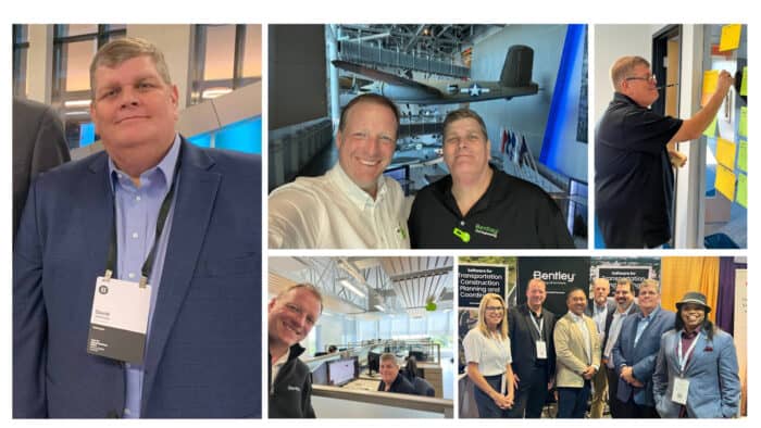 A collage showing a man at a conference, posing with colleagues, working at a desk, writing on sticky notes, and a historic airplane on display in a museum-like setting.