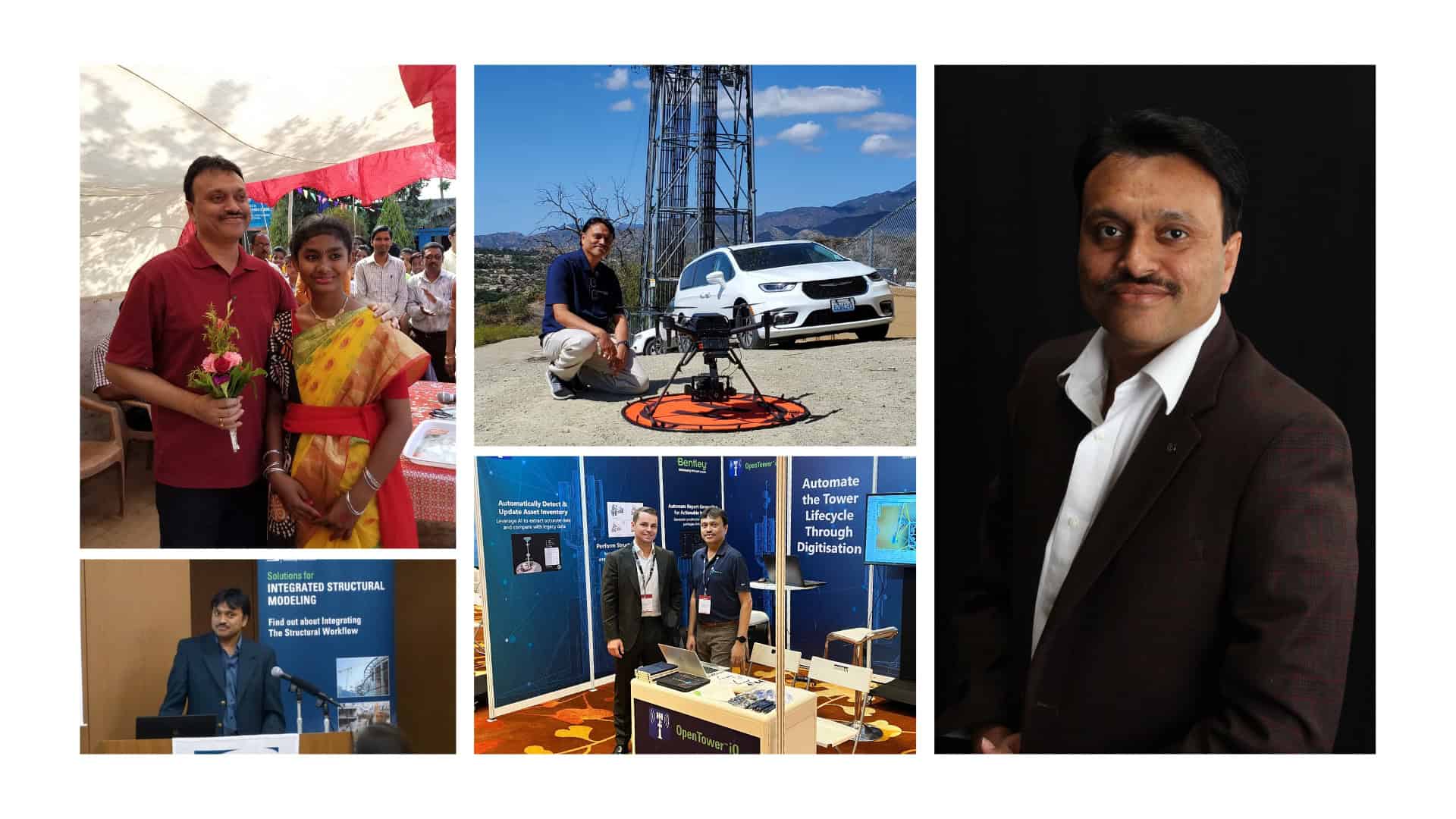 A collage featuring Apurba Tribedi: with a girl holding flowers, outdoors with telecoms equipment, at a podium, at an exhibition booth, and in a formal portrait—reflecting his commitment to engineering for impact.