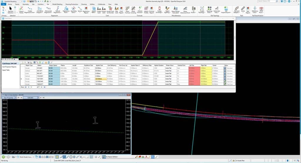 Screenshot of engineering design software displaying a graph, data table with color-coded columns, and two technical diagrams with plotted lines and a symbol.