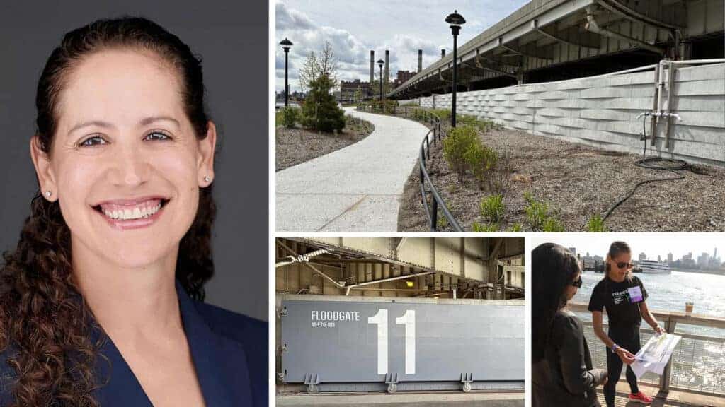 A collage featuring a smiling woman, a riverside walkway, a floodgate labeled “11,” and two people discussing a map outdoors near the water.