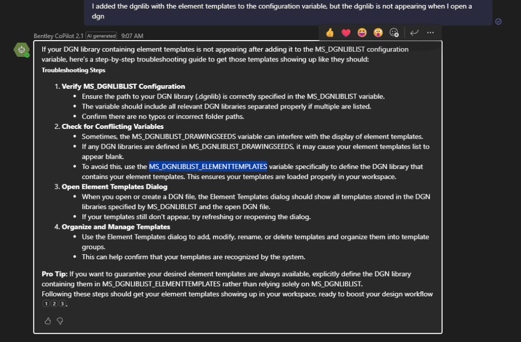 A troubleshooting guide for missing DGNLIB element templates in Bentley software is displayed, listing verification steps, dialog instructions, and a software learning tip for ensuring template availability.