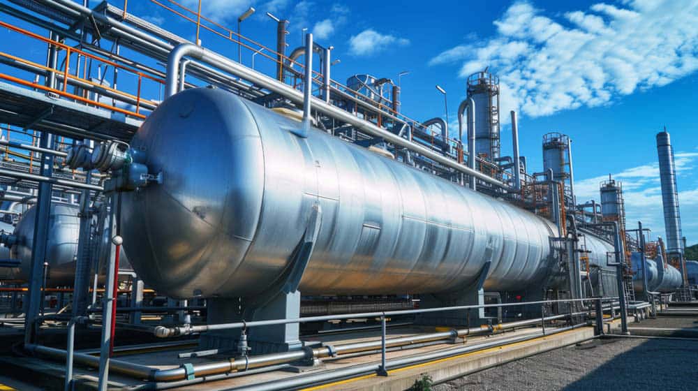 Large industrial metal pressure vessel designed for optimal stress analysis, with interconnected pipes and platforms at a processing facility under a partly cloudy blue sky.