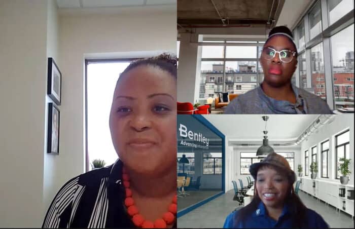 Still from video discussion with April Rai, president and CEO of COMTO, Bentley's Natalie Plummer, Dir. of Diversity, Equity & Inclusion, and Volaree Rendon, head of Bentley Education in North America