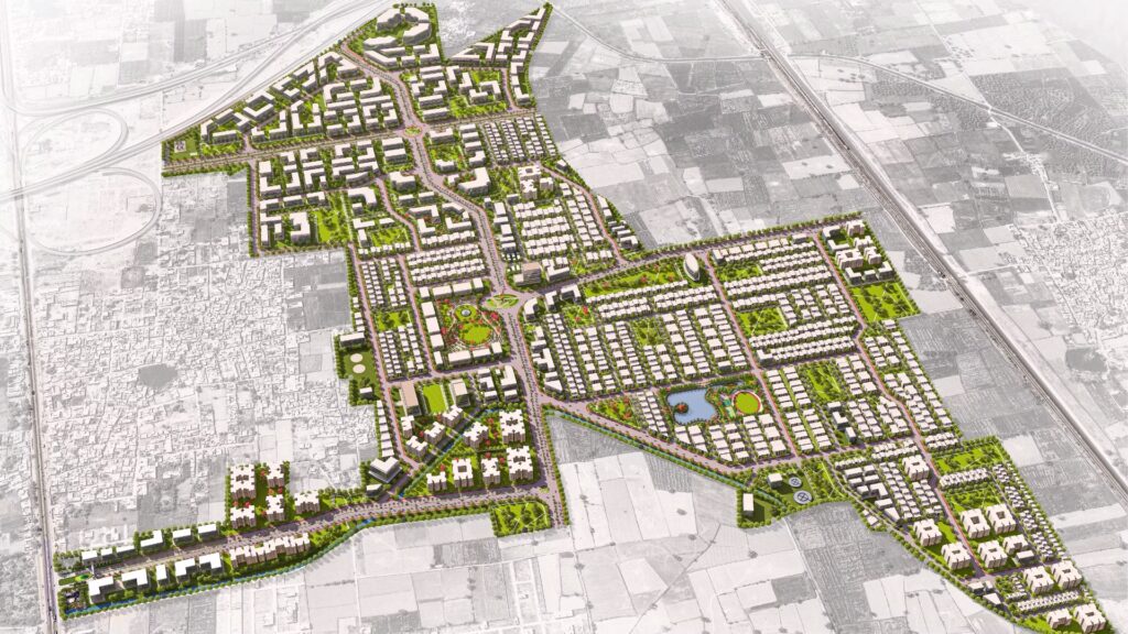 Aerial view of Atal Puram Township, a master-planned urban development with organized grids, roads, green spaces, and water features, meticulously crafted by Voyants Solutions using advanced design tools amid existing city infrastructure.