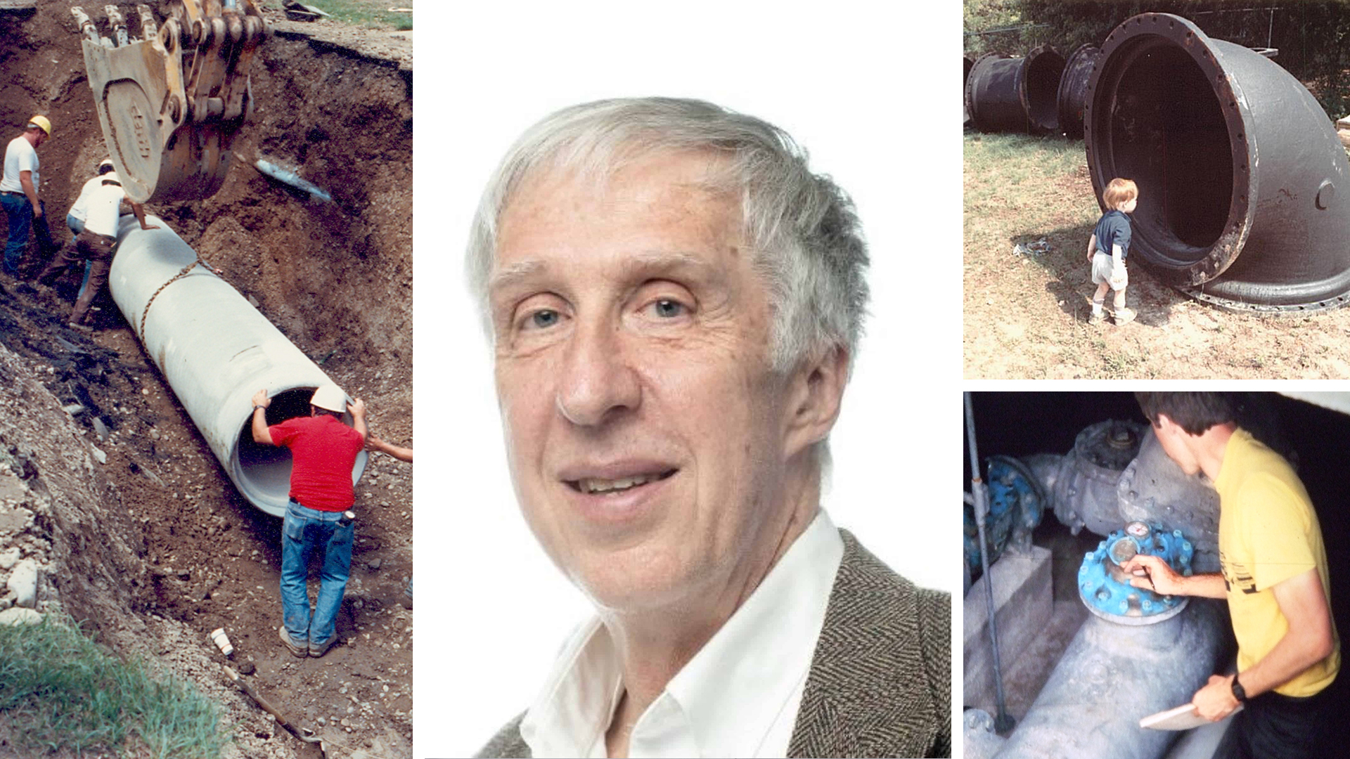 A collage featuring Dr. Tom Walski (center), workers installing a large pipe, a child near a large pipe end, and a person working on pipe maintenance.